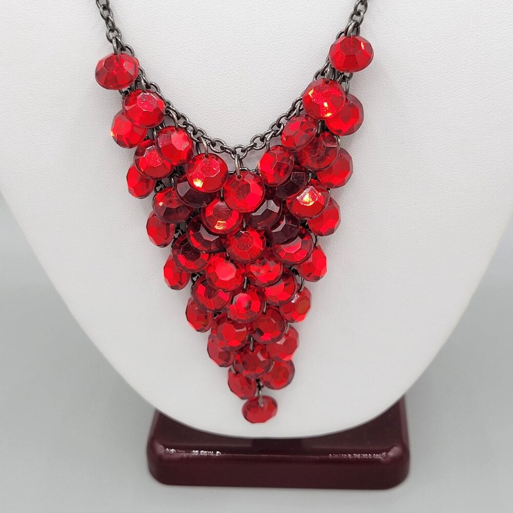 Red Coin Statement V Shaped Necklace Silver Tone Chain Lobster Clasp 16 inches